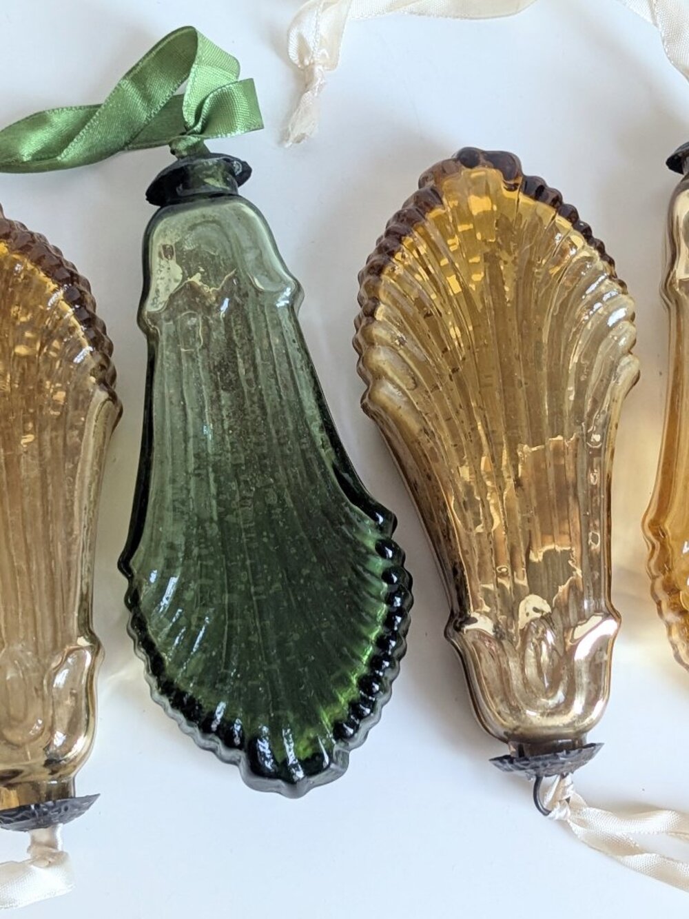 4 Vintage Kugel Midwest Yellow Gold & Green Glass Ornaments Floral shape